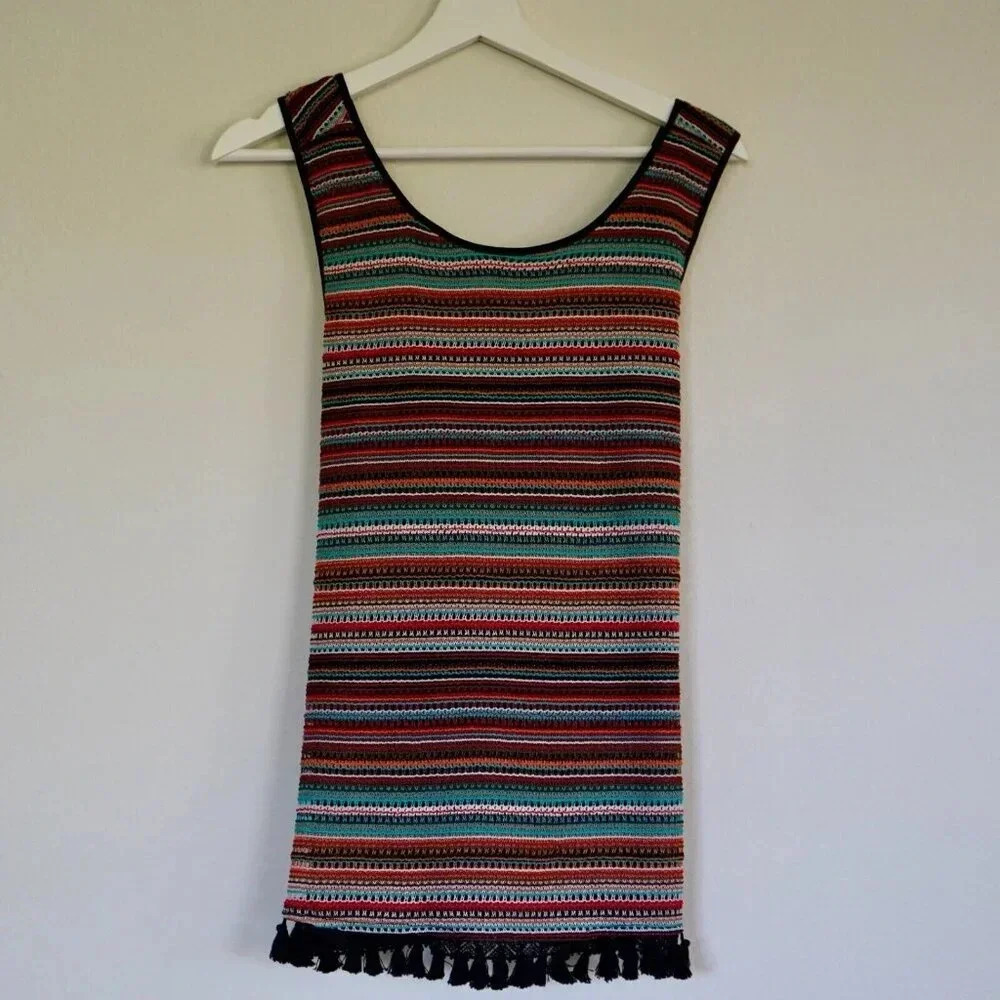 NWT laundry‎ by Shelli segal multi stripe cross back tank top fringe M southwest